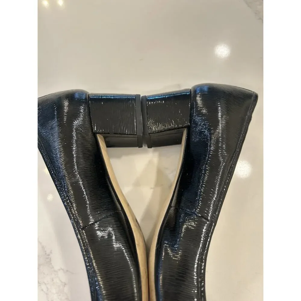 Michael Kors Kiera Mid Pumps Black Patent Leather Bow Toe Gold Logo Heels Sz 8M